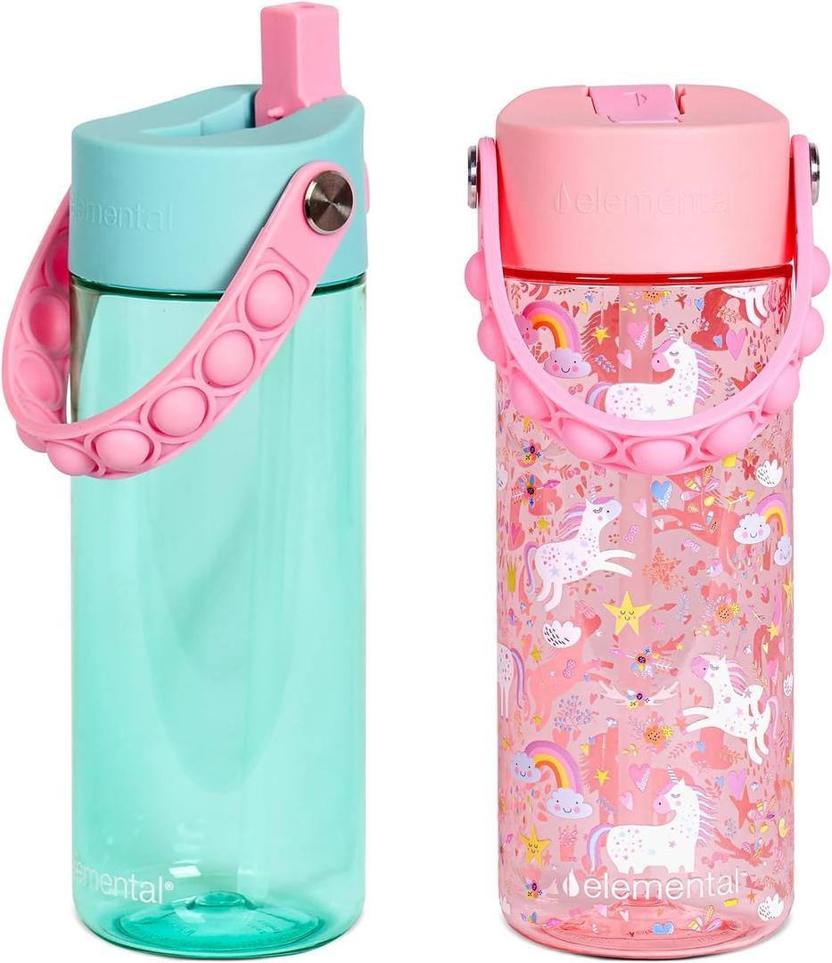 Elemental Leak Proof Water Bottles for Kids - Splash Kids Water Bottle for School with Fun Pop-it Handle - Tritan Plastic Water Bottle with Straw - Pink Unicorn & Robins Egg - 18oz (2 Pack)