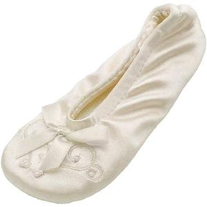 isotoner Girl's Satin Ballerina with Embroidered Pearl (Size: 9-10 Toddler, Ivory)