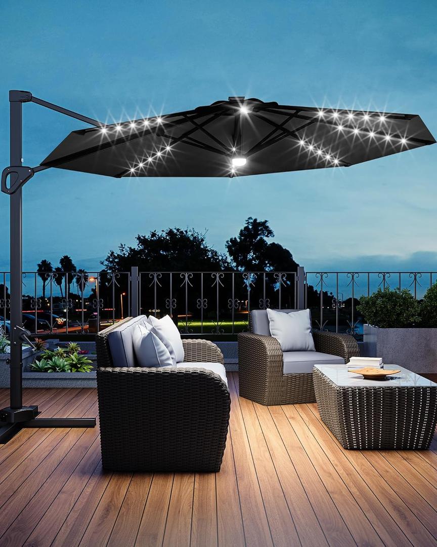 GarveeLife 10 ft Cantilever Umbrella Outdoor Patio Umbrella Solar LED w/Base Included Market Offset Umbrella Sun Shade Windproof with 360-Degree Rotation for Patio Garden Deck Pool, Grey