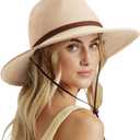DRESHOW Womens Summer Straw Sun Hat Wide Brim Bucket Hats Fedora Hat Panama Beach Hat with Chin Strap UPF 50+ (One Size, 1 Pc Panama Fedora: Beige)