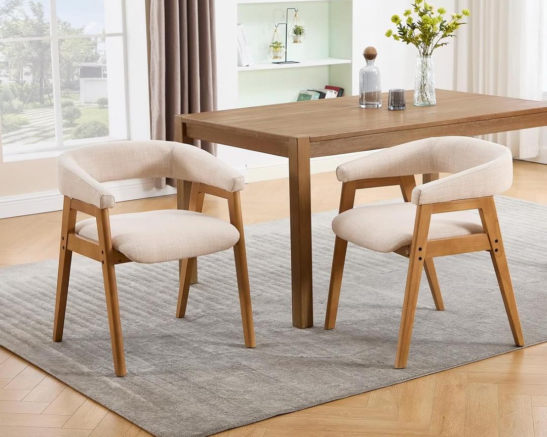 Modern Barrel Dining Chairs with Arms Set of 2, Upholstered Fabric Kitchen & Dining Room Chairs with Open Back/Solid Wood Legs, Comfortable Side Chairs, Linen Beige