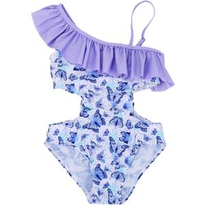 LIZENS Girls' Swimwear Cut Out Trim Ruffle One Piece Beach Bathing Suit for Girls Floral Toddler Kids Swimsuit (5-6 Years, Butterfly)