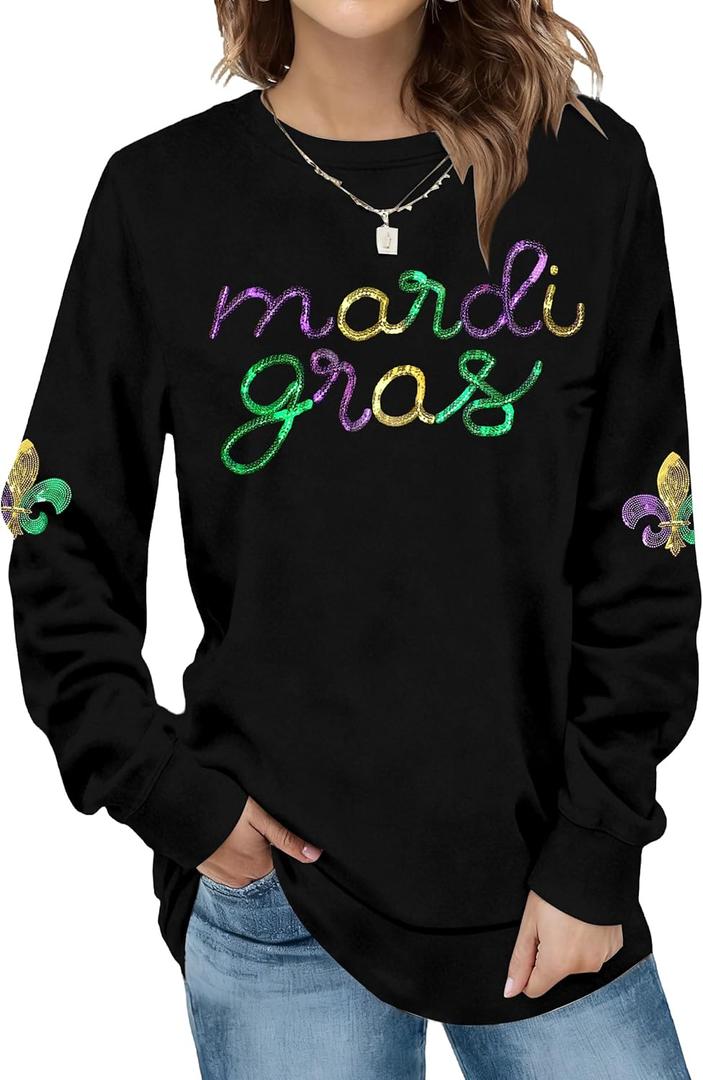 Womens Mardi Gras Shirt Stripes Fat Tuesday Tee Shirt Sequin New Orleans Carnival Party Long Sleeve Top (Black, XL)