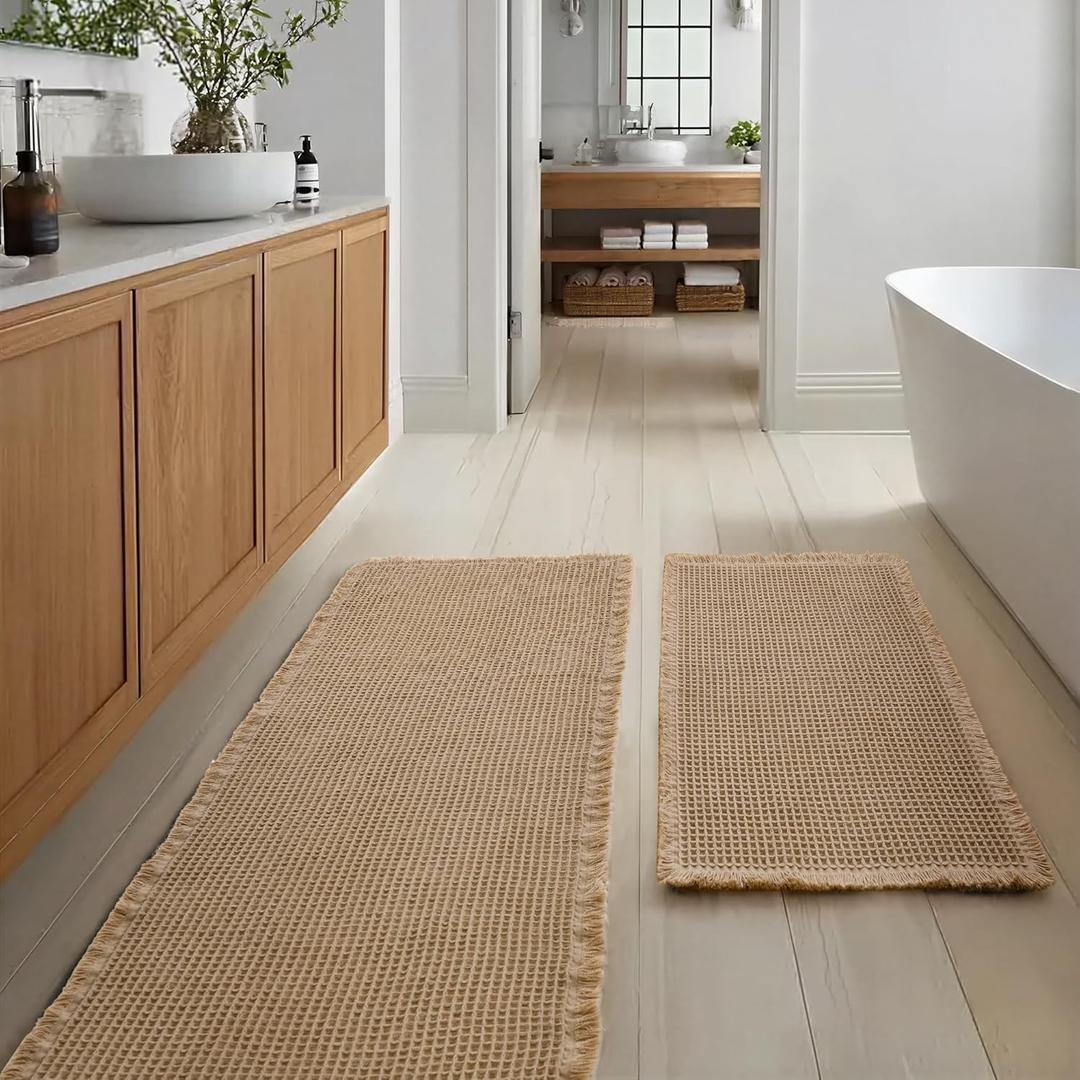 JIUZHEN Set of 2 Waffle Bath Mats Non Slip Waffle Bathroom Runner Rug Washable Boho Runner Bath Rugs Super Absorbent Shower Mat for Bathroom Kitchen Hallway Laundry, 20" x 32" +24" x 60", Brown