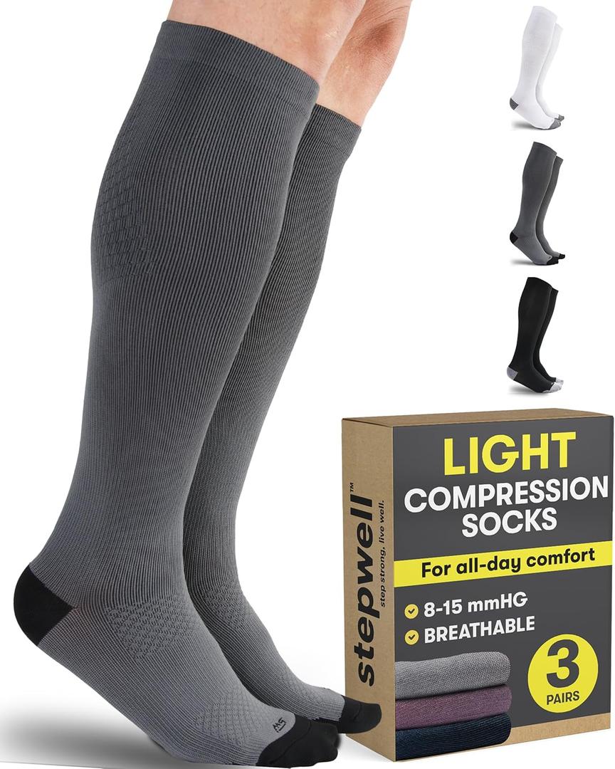 STEPWELL Light Compression Socks for Women & Men - 3 Pairs | 8-15 Breathable Compression Socks for Flying, Exercise, Support (Medium, Black/White/Gray - 3 Pairs)