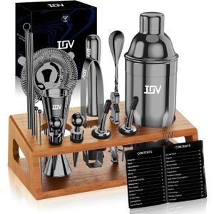 IOV Cocktail Shaker Set Bartender Kit with Stand | Bar Set Drink Mixer Set Includes Martini Shaker, Jigger, Strainer, Mixing Spoon, Muddler, Recipe Book | Home Bar Accessories Gift Set (Black)