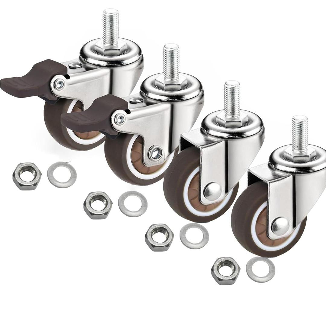 1" M6x15 Stem Casters Bolt Threaded Wheels, TPR Mute Rubber Swivel Single Caster Screws in Wheel Small with 2 Brake Locks-Brown