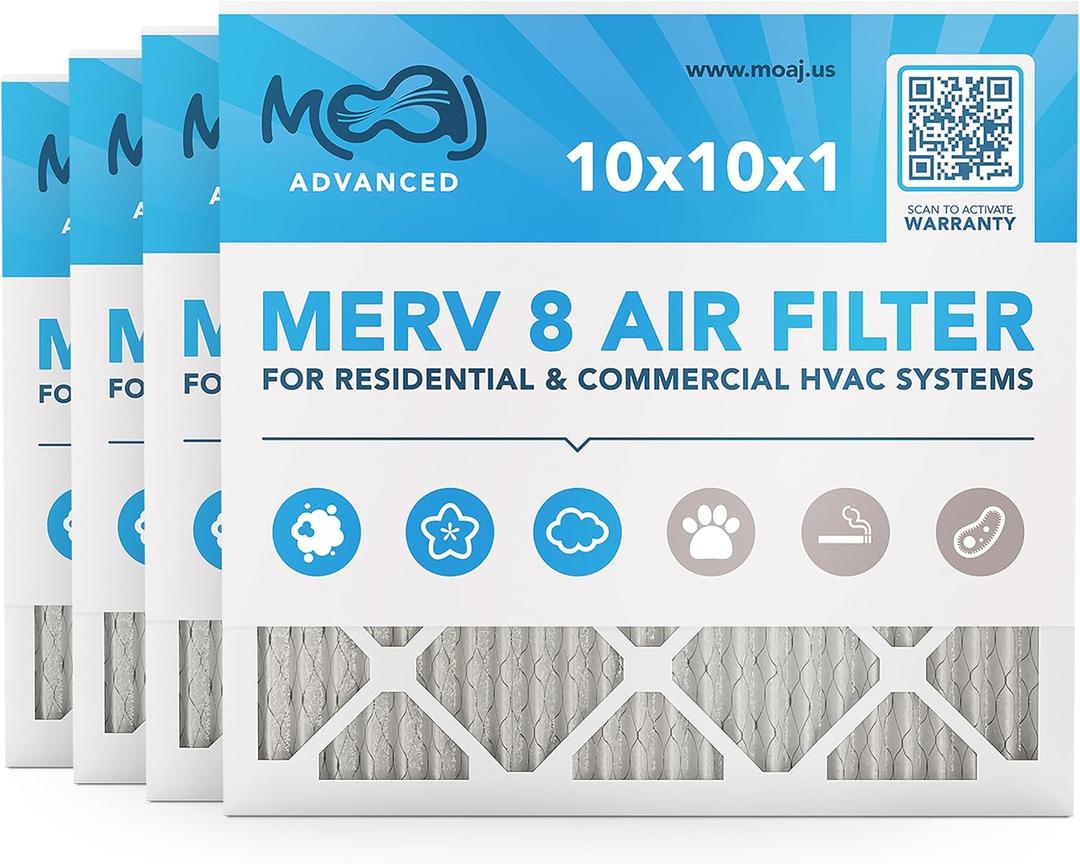 10x10x1 Air Filter (4-PACK) | MERV 8 | MOAJ Advanced Dust Defense | BASED IN USA | Quality Pleated Replacement Air Filters for AC & Furnace Applications | Actual Dimensions: 9.70 x 9.70 x 0.75 (in)