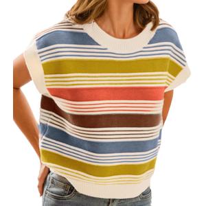 FireSwan Womens Cap Sleeve Sweater Vest Striped Color Block Loose Tank Tops Trendy Vacation Outfits Cute Summer Spring Top (Size M)
