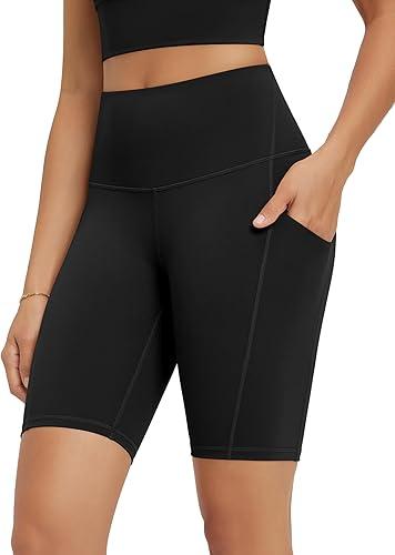 ODODOS High Waist Workout Shorts with Pockets for Women 6"/8" Inseam Tummy Control Gym Athletic Biker Shorts Size S, 2 Pack