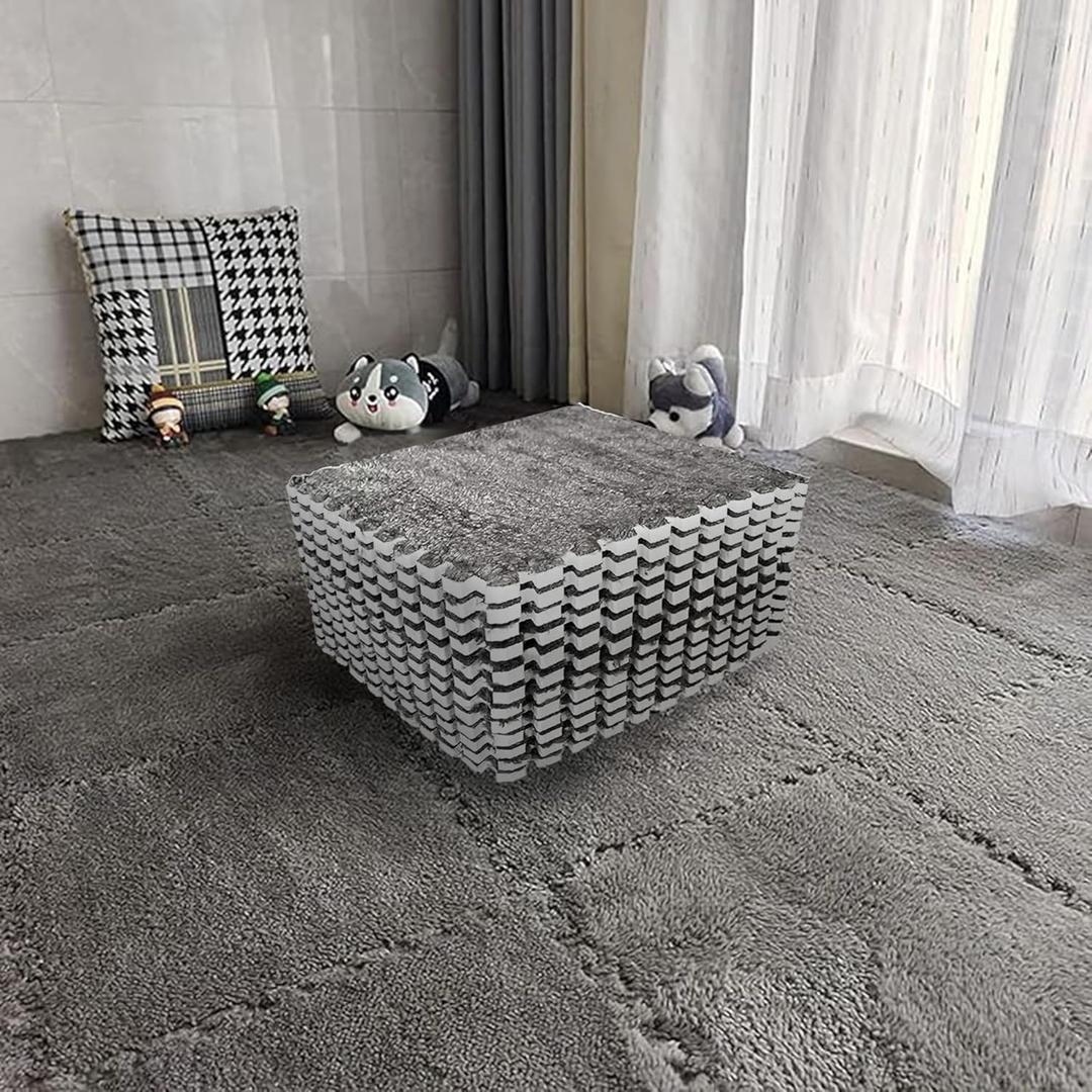 Interlocking Carpet Shaggy Soft EVA Foam Mats Fluffy Square Interlocking Carpet Tiles Protective Floor Tiles Exercise Play Mat for Children Kids Room Home Parlor Bedroom (Grey, 12 Pcs)