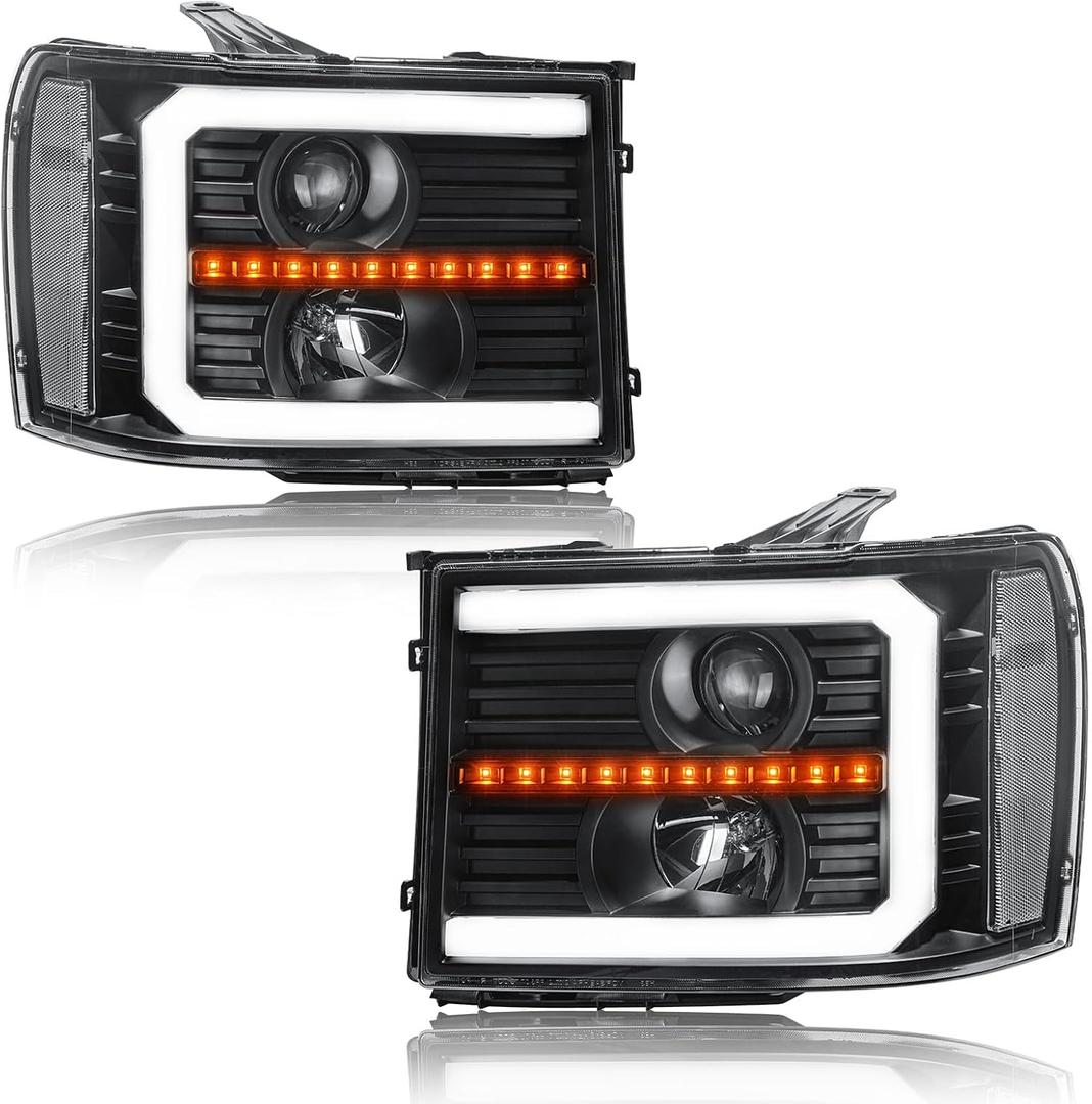 LED DRL Headlights for 2007-2013 GMC Sierra 1500 07-14 Sierra 2500HD 3500HD No Classic Head Lights Assembly 2PC Replacements Front Left Right Side Headlamp Black Housing Clear Reflector
