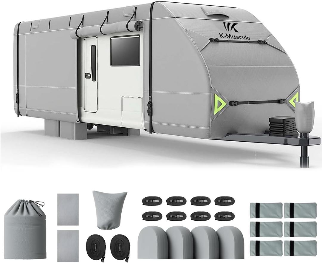 K-Musculo RV Cover, 27-30 FT Heavy Duty Travel Trailer Cover with 8 Layers Corner, Windproof and Waterproof Camper Cover with 4 Tire Cover & Tongue Jack Cover