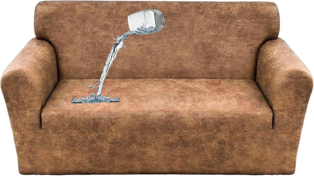 JOKIVTOU Leather Look Couch Cover 100% Waterproof 3 Seater Sofa Cover 1-Piece Leather Texture Washable Non-Slip Sofa Slipcover Stretch Furniture Protector for Kids Pets (Yellow Brown,Sofa)