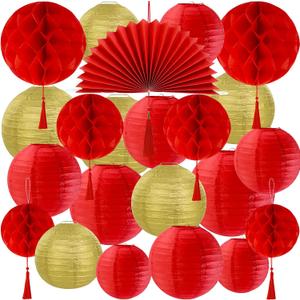 Winlyn 22 Pcs Chinese Lunar New Year Party Decorations Oriental Hanging Fans Red Gold Round Paper Lanterns Honeycomb Balls for Asian Chinese Vietnamese Tet The Year of Horse Home Wedding 2026 Decor