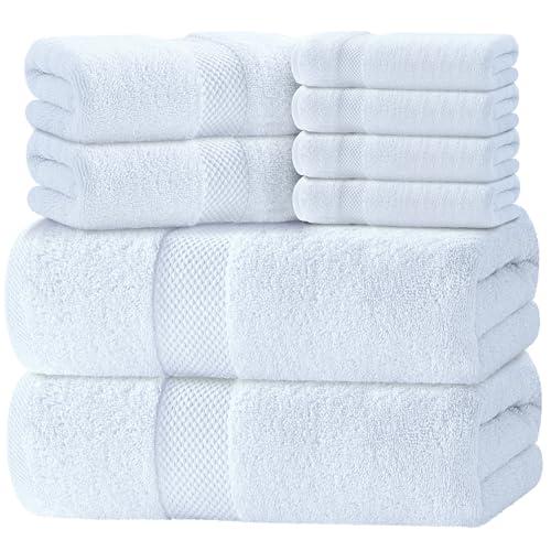 Luxury White Bath Towel Set of 8 Pieces - 100% Turkish Cotton 700 GSM Highly Absorbent Towels for Bathroom, 2 Bath Towels, 2 Hand Towels, 4 Washcloths