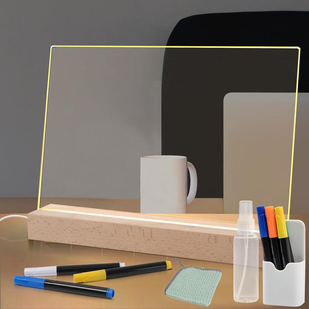 Acrylic Dry Erase Board with Light Up Stand for Desk 13 x 9, Clear Desktop Note Memo White Board Notepad Table LED Letter Massage Boards for Personal Creative Use (Acrylic Clear Board & Accessories)