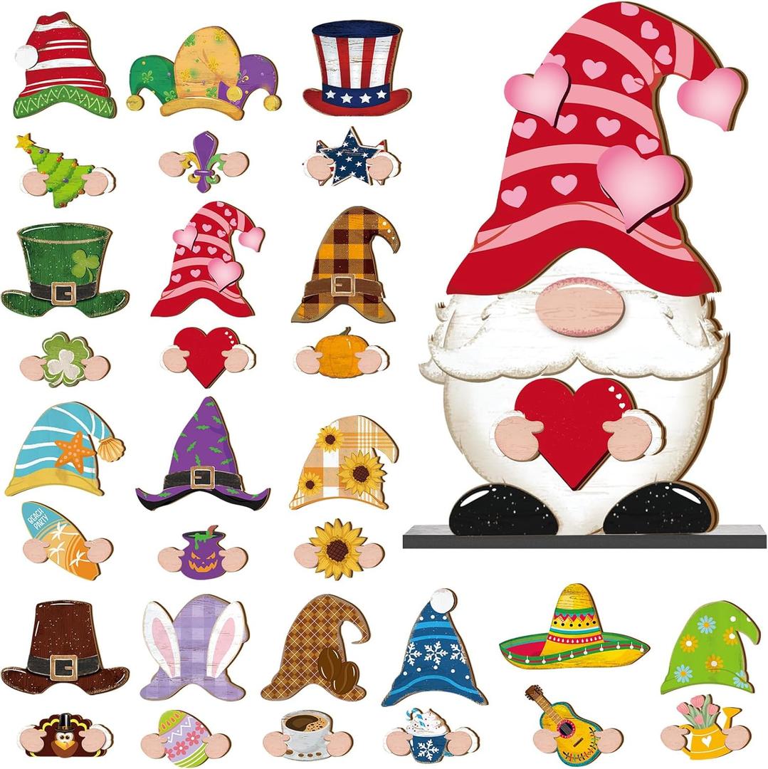 Blulu 32 Pcs Interchangeable Wooden Gnome Decor St. Patrick's Day Easter Gnomes Welcome Sign Holiday Seasonal Tiered Tray Decor with Magnet Pieces Decorations (Bright)