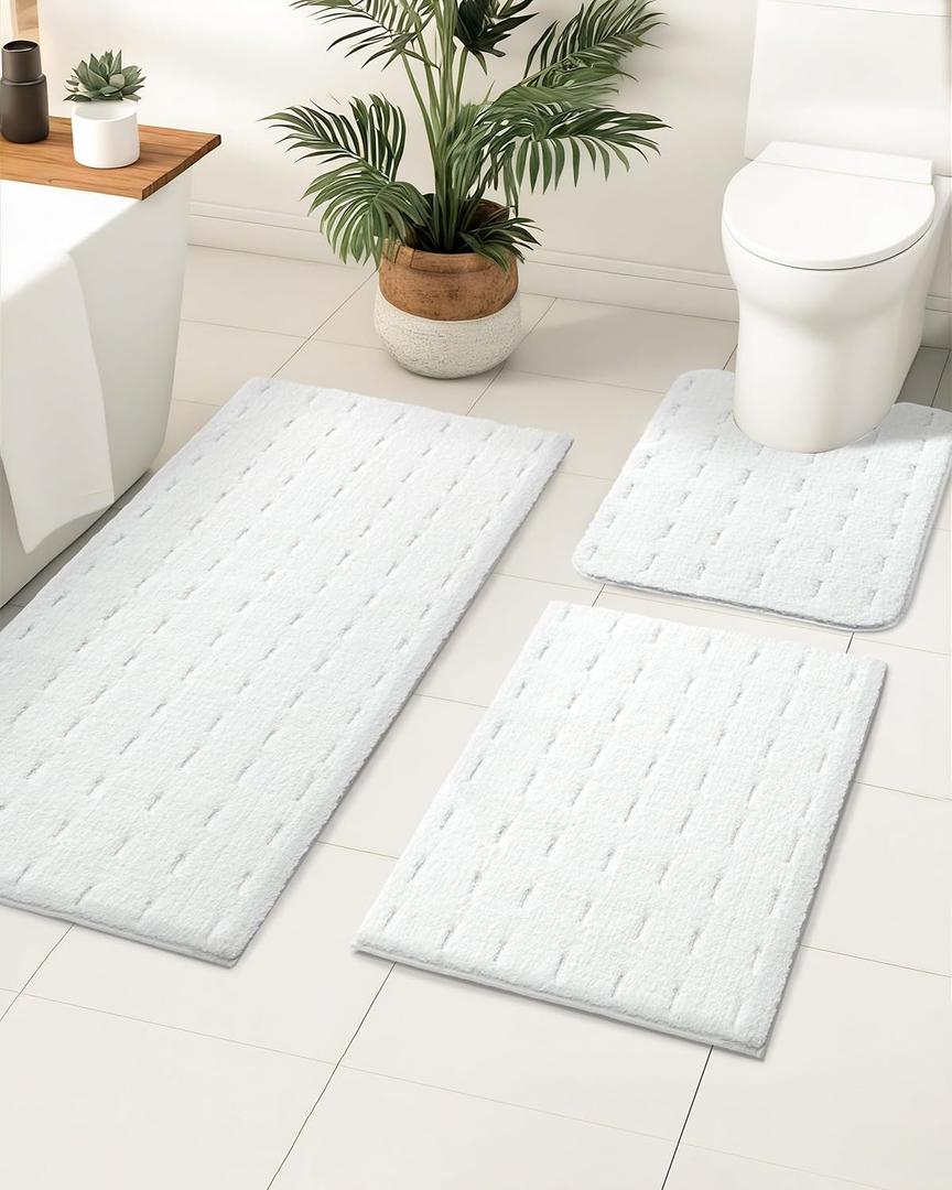 ILANGO White Bathroom Rugs Sets 3 Piece, Soft Shaggy Bath Rugs and U-Shaped Toilet Mats Non Slip Washable, Absorbent Accessories Bath Mats for Bathroom Floor, Tub and Shower (17"x24" + 24"x 36"+24"x 48")