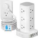 Tower Power Strips with Surge Protection, 6FT Flat Extension Cord with Multiple Outlets, 12 AC 4 USB Ports, Overload Protection Charging Station for Office Home Dorm Room Travel (White)