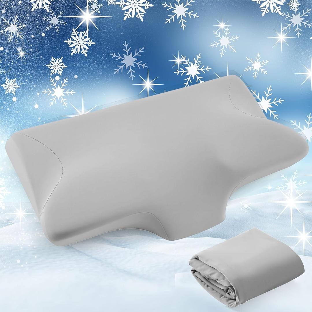 Hahafelt Cooling Cervical Neck Pillowcase for Pain Relief (Only Pillowcase) Ergonomic Pillow Case with Zipper Cool Memory Foam Pillow Cover for Side Back Stomach Sleepers(2 in 1 Style,Gray)