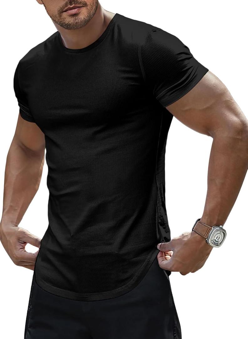 JMIERR Mens Short Sleeve T Shirt Summer Muscle Slim Fitted Crewneck Longline Tees Shirts for Gym Workout (Black, XL)
