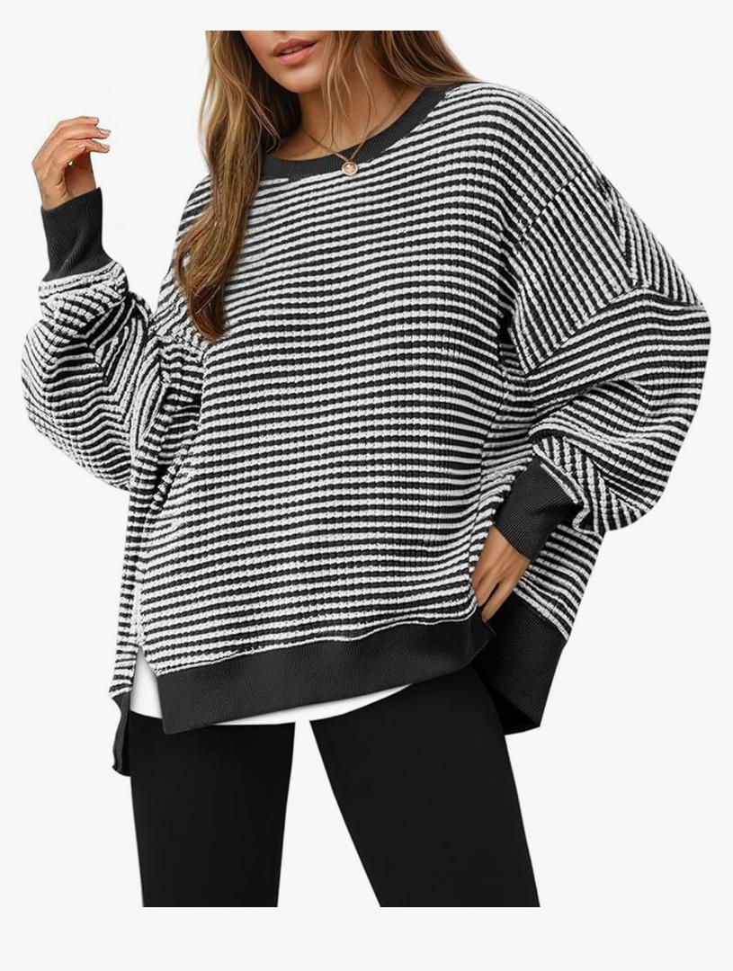 Fisoew Women's Fall Oversized Sweatshirt Casual Waffle Knit Long Sleeve Crewneck Split Pullover Tunic Tops, S