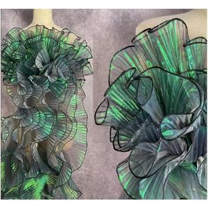 7Yards Ruffled Lace Fabric for Fashion Designers, Ideal for DIY Clothing and Sewing Decoration, Includes Silk, Organza Ribbon, Iridescent Ribbon, and Fabric Trim (Iridescent Green)