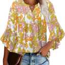 Angerella Womens 3/4 Sleeve Dressy Casual Top Trendy Shirts V Neck Business Work Chiffon Blouses (Small, Yellow Flower)