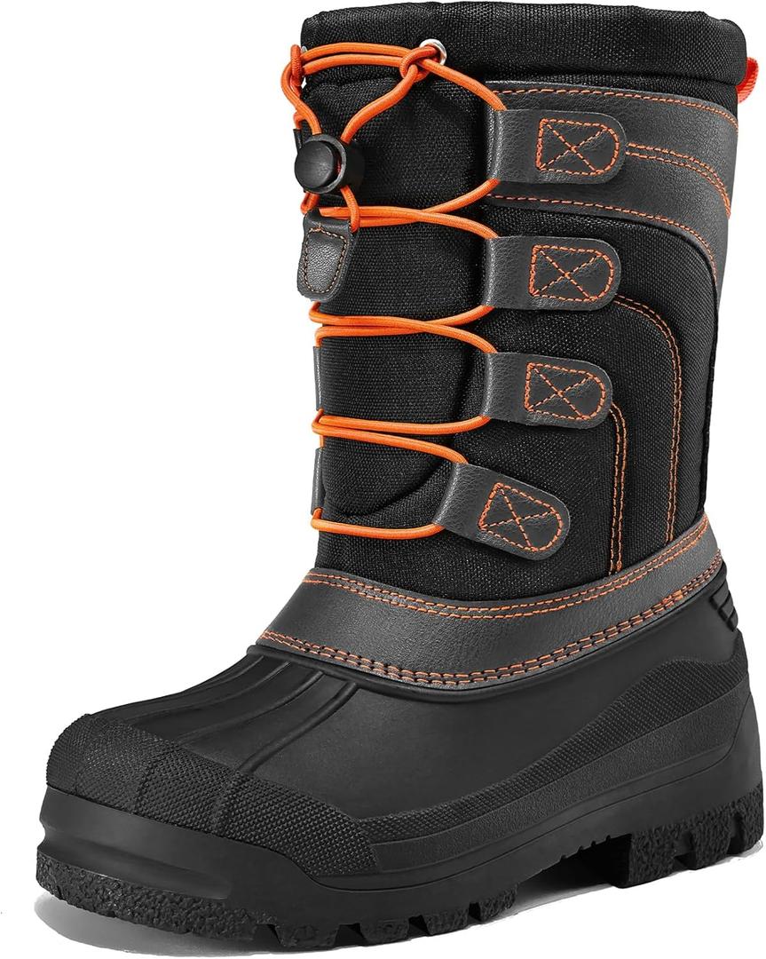 K KomForme Snow Boots for Boys Insulated Waterproof Fur Lined Warm Shoes for Outdoor (5 Big Kid) (Black/Grey/Orange)