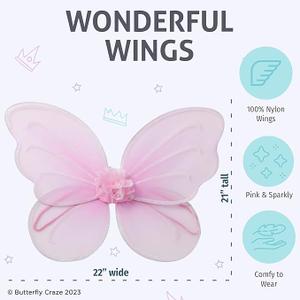 Sratte Fairy Princess Butterfly Wings Girls Kids Butterfly Costumes Set Star Wands Adults Christmas Birthday Party (Pink)