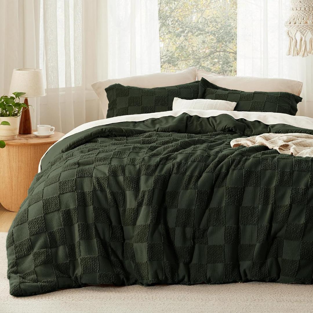 Bedsure Twin/Twin XL Size Comforter Set Dark Olive Green, Boho Tufted Bed Set, Checkered Farmhouse Shabby Chic Bedding, 2 Pieces, 1 Plaid Geometric Comforter and 1 Pillow Sham