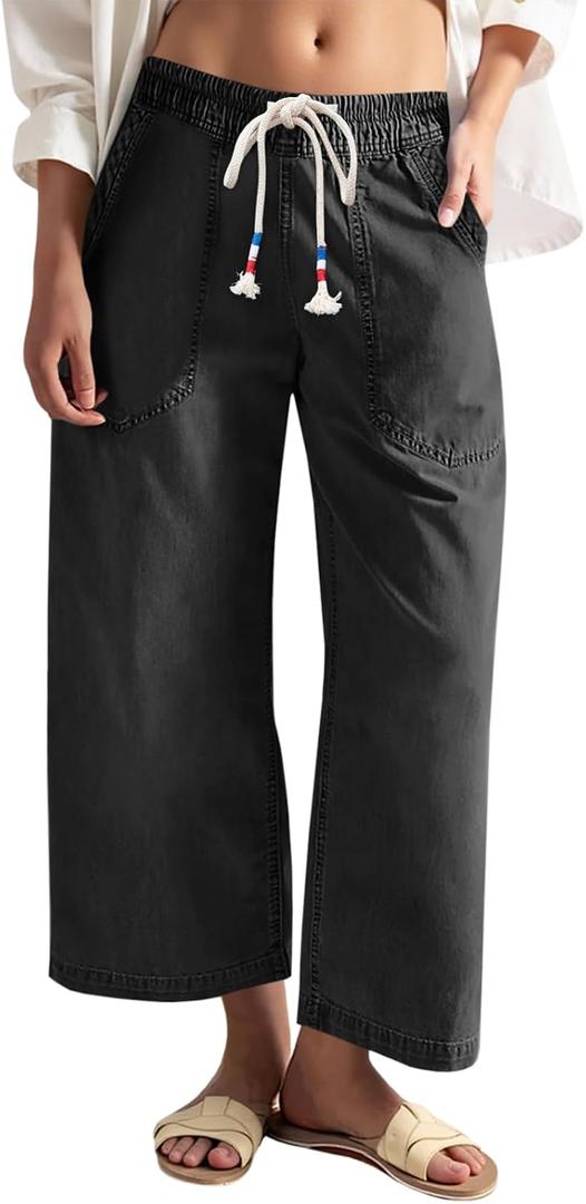 Cicy Bell Women's Wide Leg Jeans Casual Drawstring High Waist Boyfriend Loose Baggy Capri Denim Pants with Pockets, 14