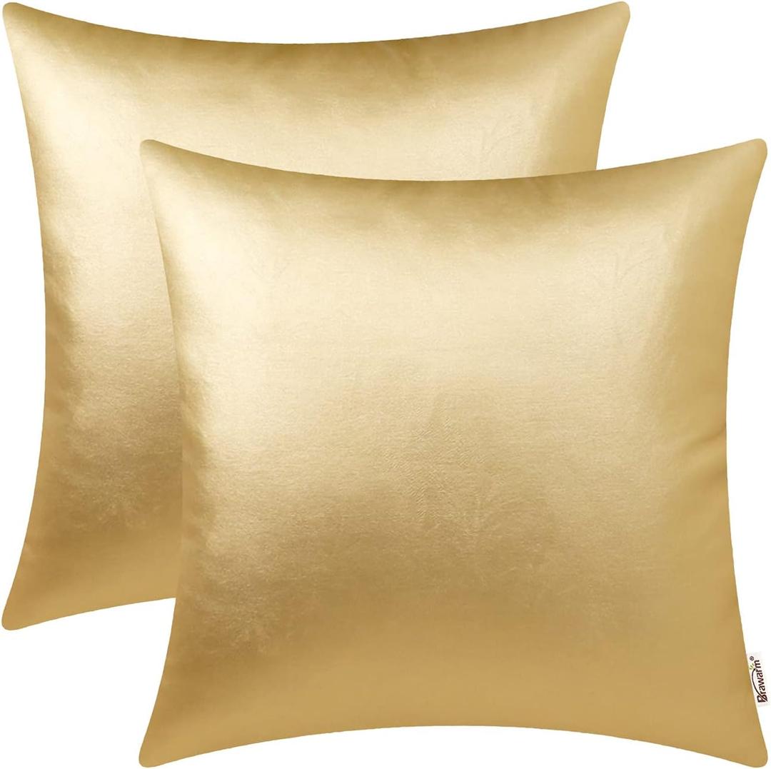 BRAWARM Faux Leather Throw Pillow Covers 18 X 18 Inches - Gold Leather Pilow Covers Pack of 2, Solid Dyed Leather Pillowcases for Couch Bed Sofa Garden Home Decorative