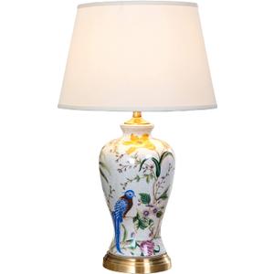 White Flower & Bird Ceramic Table Lamp,Hand-Painted Chinoiserie Lamp, Fabric Lampshade Nightstand Lamp for Bedroom Living Room Office College Bookcase
