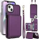 Asuwish Phone Case for iPhone 15 6.1 inch Wallet Cell Cover with Tempered Glass Screen Protector Wrist Crossbody Strap RFID Blocking Stand Credit Card Holder i Phone15 i15 15Case Women Men Dark Purple