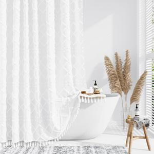 Dynamene White Fabric Shower Curtain, Boho Tufted Geometric Striped Tassel Shower Curtain for Bathroom, Shabby Chic Textured Modern Farmhouse Waterproof Cloth Shower Curtain Set, Wrinkle Free, 72x72 (72"W x 72"L (Pack of 1), A. White)