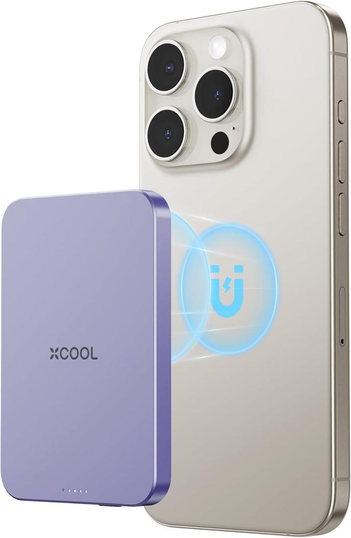 Magnetic Phone Charger, 5000mAh Ultra-Slim Magnetic Power Bank, Magnetic Portable Charger with USB-C Cable and Kickstand, Battery Pack Compatible with iPhone 16/15/14/13/12 Series, Purple