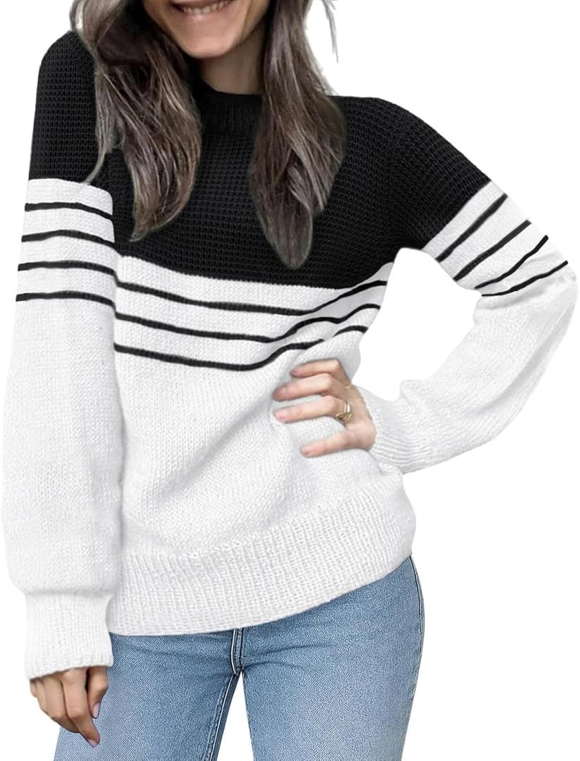 CiCiBird Womens Fall 2025 Color Block Sweater Striped Long Sleeve Knit Pullover Tops Loose Crew Neck Sweaters (Black, L)