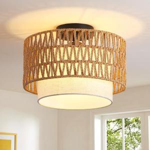 Somniferous Rattan Ceiling Light Fixture, Boho Flush Mount Ceiling Light with Double Drum Shade, Farmhouse Woven Light Fixture for Bedroom, Living Room, Kitchen, Hallway, Entryway, 12.6”, E26 Base, 12.6 x 9.25 inches