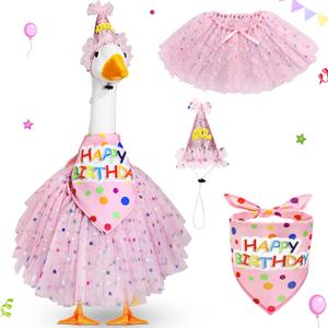 3 Pcs Birthday Porch Goose Outfit for 23" /17" Cement Lawn Goose Clothes Happy Birthday Hat and Tutu Skirt Bandana(Pink)