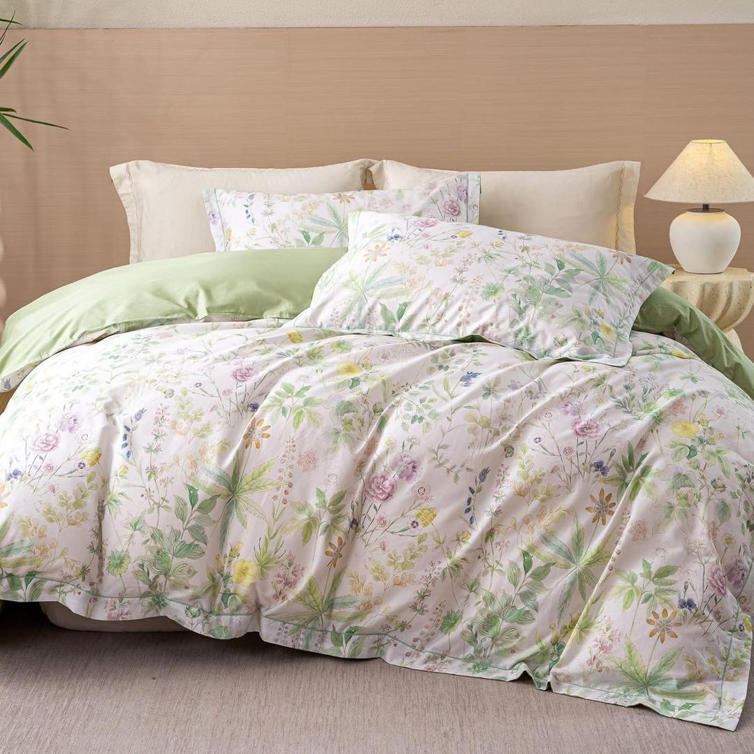 OAITE Duvet Cover Set Queen Size Floral Pattern Ultra Soft 100% Cotton Duvet Cover Sets 3-PC, Breathable Duvet Cover with Zipper Closure & Corner Ties(2 Pillow Shams,1 Duvet Cover)