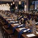 KIRE 350Pcs Blue and Gold Plates -Heavy Duty Navy Blue Dinnerware Set - 100 Plastic Plates 50 Pre Rolled Napkins with Gold Plastic Silverware 50 Cups for Birthday/Wedding/Party/Graduation/Memorial Day
