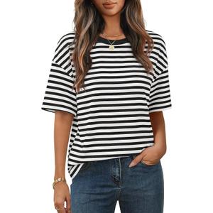 MEROKEETY Women's 2026 Summer Short Sleeve Tops Casual Colourful Striped Crewneck Loose Work T Shirts Blouses, Blackwhite, S