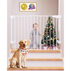 Cumbor 29.243" Baby Gate for Stairs, Wall-Mounted (Drill Required), Expandable No Bottom Bar Dog Gate, Auto Close Extra Wide Walk Thru, Pet & Toddler Proof Gate, Top & Bottom of Stairways (White)