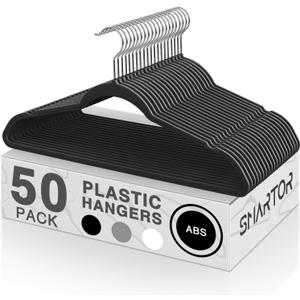 SMARTOR Plastic Hangers 50 Pack, Heavy Duty Plastic Hangers for Clothes - Non-Velvet Slim Hangers with 360 Swivel Hook & Clothes Thin Hanger - Durable Coat Hangars, Space Saving Hanger - Black, Pack of 50