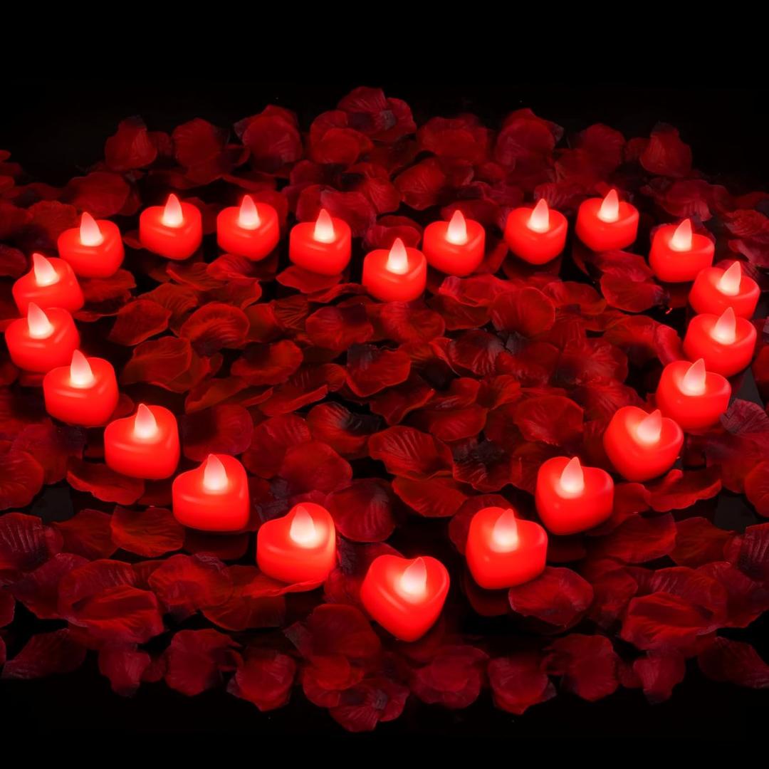 Amagic 2000 Pieces Red Artificial Rose Petals with 24 Red Heart LED Tea Lights, Rose Petals and Candles Set for Proposal, Anniversary, Romantic Night, Wedding Decor
