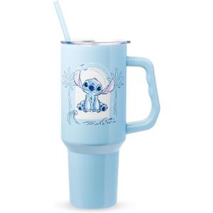 Silver Buffalo Disney Lilo and Stitch Minimalistic Design Ocean and Tropical Double Walled Stainless Steel Tumbler with Handle and Straw, Fits in Standard Cup Holder, 40 Ounces