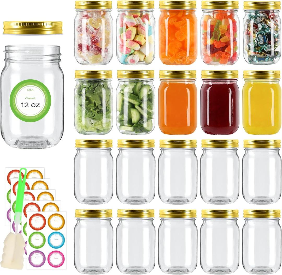 20 Pack 12 oz Mason Jars with Gold Lids, Regular Mouth Glass Canning Jars with Labels and Brusher for Storage, Canning & Preserving, Dishwasher & Microwave Safe