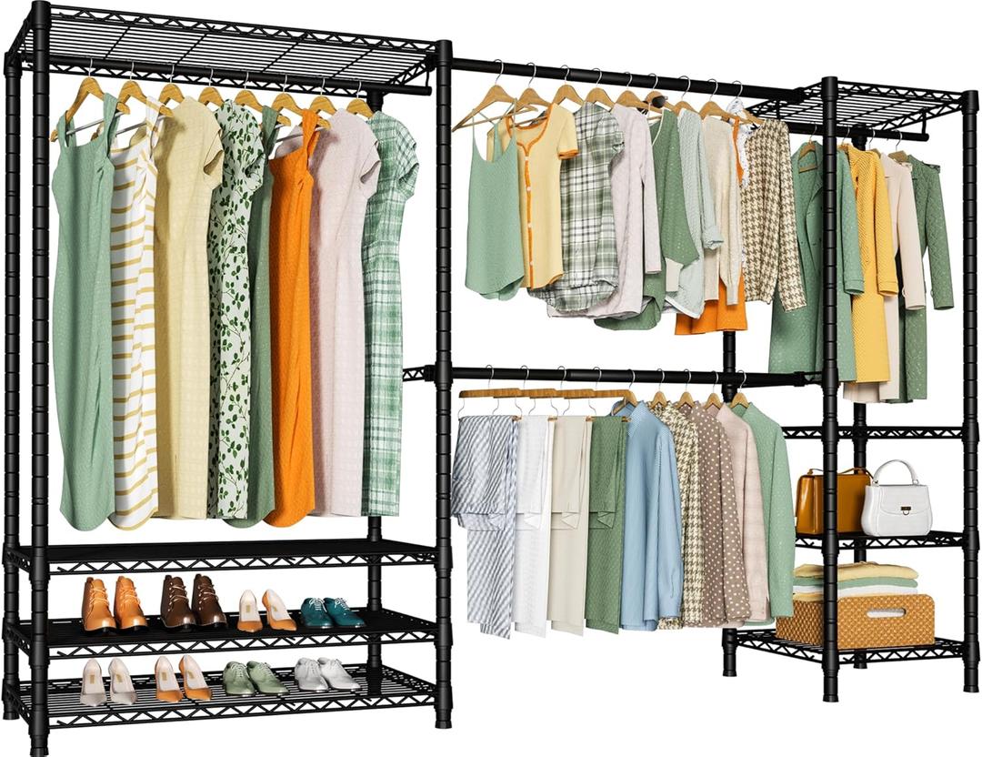 Ulif E11 Heavy-Duty Garment Rack, Metal Freestanding Clothes Rack and Closet Storage Organizer System with 8 Shelves and 4 Hanger Rods, (73.2 - 97.6)"W x 14.5"D x 71.2"H, Load 1034 LBS, Black